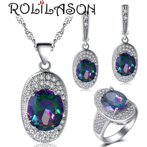 ROLILASON silver plated ingots Color blue For goodfriend Earrings Necklace pendant Rings Jewelry Sets USA size #6#7#8#9#10 JS715