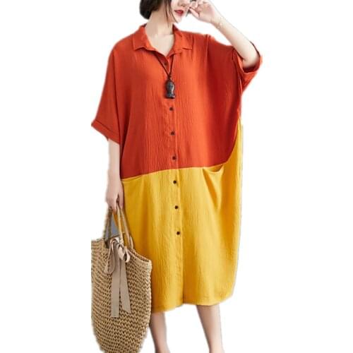 Uego Turn-down Collar Button Fashion Blouse Dress Cotton Linen Patchwork Short Sleeve Loose Summer Dress Women Casual Midi Dress