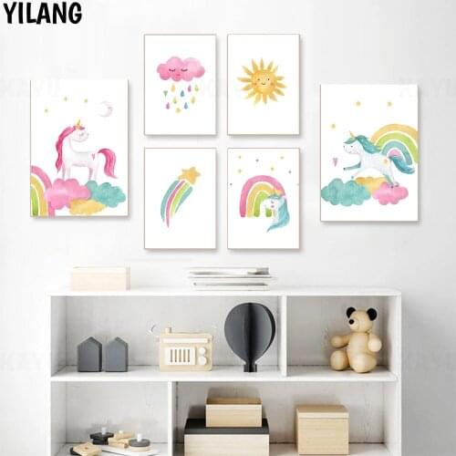 Pink Rainbow Unicorn Canvas Poster Rainy Cloud Nursery Wall Art Posters Sunshine Print Paintings Nordic Kids Room Decor Picture