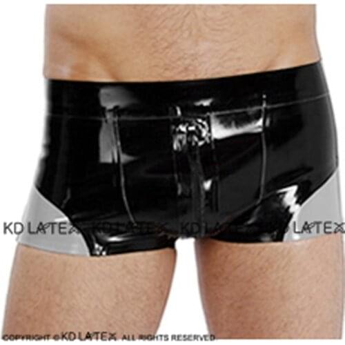Black And Silver Trims Sexy Latex Boxer Shorts With Wave Shape Front Zippers Rubber Underpants Underwear DK-0179
