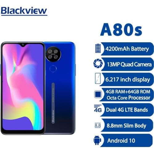 Blackview A80s Smartphone 4GB + 64GB 6.217'' Face ID Android 10 Cellphone 13MP Quad Rear Camera 4G LTE 4200mAh Mobile Phone