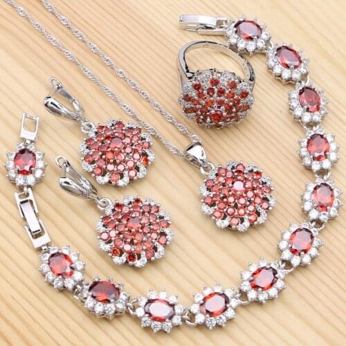 Bridal 925 Silver Jewelry Sets for Women Wedding Red Cubic Zirconia Ring/Bracelet/Necklace/Pendant/Earrings Silver Jewelry Kits