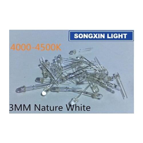 100pcs Clear Lens LED 3mm Natural White Round Top Transparent Ultra Bright 3 mm LED Light Emitting Diode Lamp Nature 4000-4500K