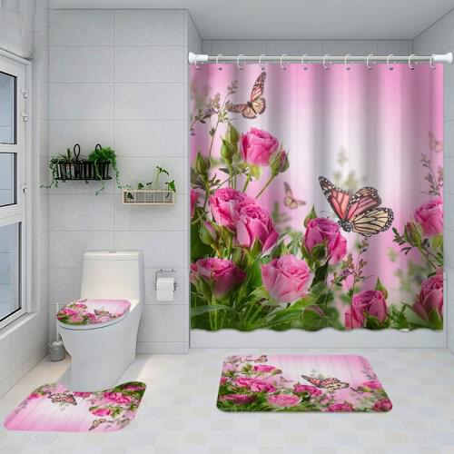 Butterfly Rose Flower Printed Waterproof Bathroom Shower Curtain Set Non-Slip Bath Mat Rug Sets Toilet Cover Bathroom Decor