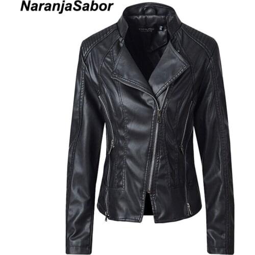 NaranjaSabor New Women Motor Biker PU Jacket Spring Autumn Leather Jacket Female Stand-up Collar Slim Zipper Short Coat NQ005