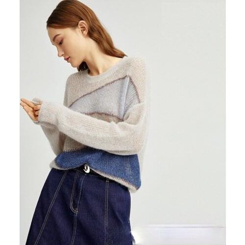 Woman Mohair Stitching Color Contrast Knit Oversized Pullover Sweater Fashion Bright Silk Harajuku Vintage Sweater 2021 Autumn