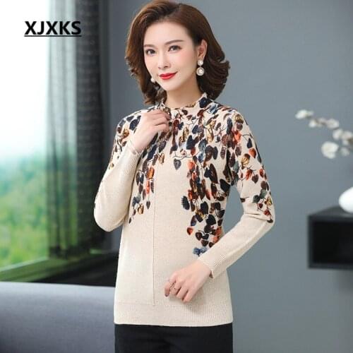 XJXKS 2020 winter new women turtleneck sweater fashion printing high-end 100% wool knitted sweater women pullover