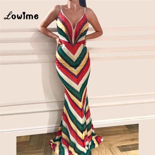 New Style Spaghetti Straps Party Dress Mermaid Sequin Middle Women Evening Gown 2018 Vestidos Arabic African V Neck Prom Dresses