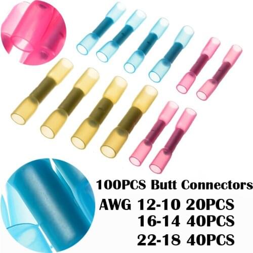 100pcs Heat Shrink Butt Connectors 22-10AWG Waterproof Insulated Multicolor Electrical Crimp Splice Terminals Wire Cable Kit