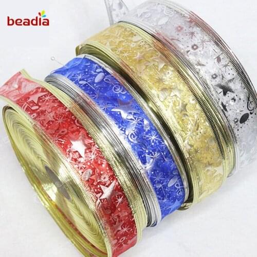 2 Meter/roll Printing Star Double Sided Christmas Gift Organza Ribbon For Gift Wrapping Scrapbooking Supplies Festival Decor