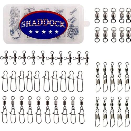 50Pcs/Box Stainless Steel Fishing Swivel Kit Include Duo Lock Snaps Ball Bearing Swivel Barrel Swivels Fishing Connector