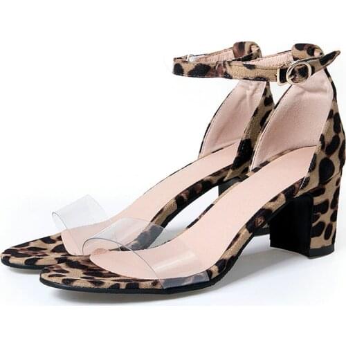 AGODOR Transparent Sandals Women Leopard Sandals Open Toe Mid Heel Ankle Strap Pvc Jelly Sandals Ladies Summer Shoes Size 33-44