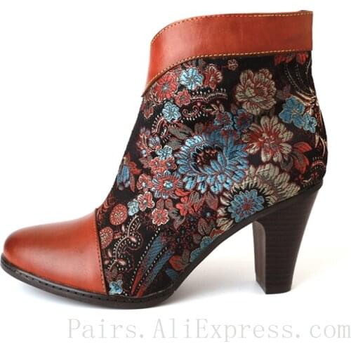 Genuine Leather High Heel Boots Women Embroidered Flowers Retro Shoes Big Size 42 Short Plush Lining Autumn Winter lolita shoes