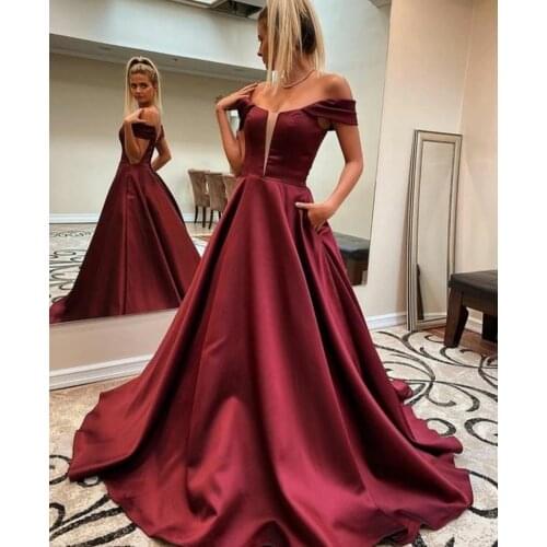Elegant Long Satin V-Neck Prom Dresses with Pockets Corset Back Floor Length Burgundy Robe De Soiree Red Formal Party Gown