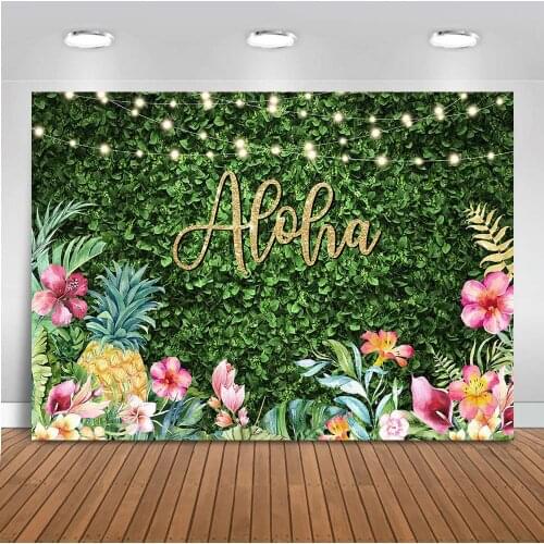 Aloha Backdrop Luau Birthday Party Backdrop Tropical Hawaiian Baby Shower Party Banner Glitter Lights Green Grass Pineapple Prop