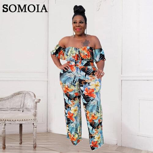 Jump Suits for Women Plus Size Fashion Clothes Slash Neck Print Jumpsuit Straight Trouser Casual Off Shoulder Lace Up Rompers