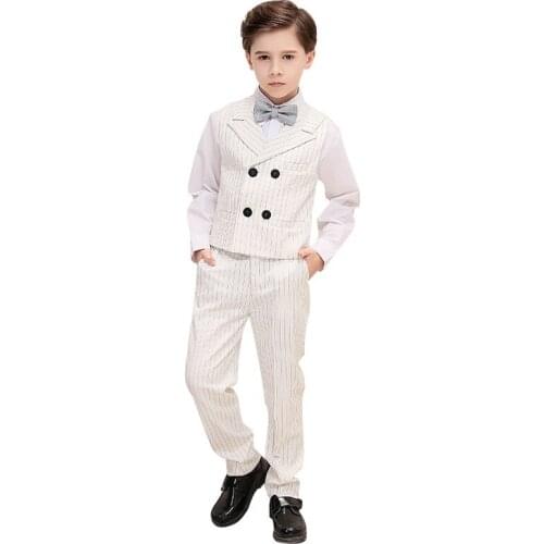 Childrens Formal Suits Set Boys Striped Suit Vest + Pants Outfits Kids Wedding Piano Performance Party Prom Clothing