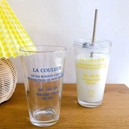 New 400mL French Alphabet Letter Pattern Coffee Glass Cup with Lid and Straw Creative Blue/Yellow Color Glass Mug Gift for Lover