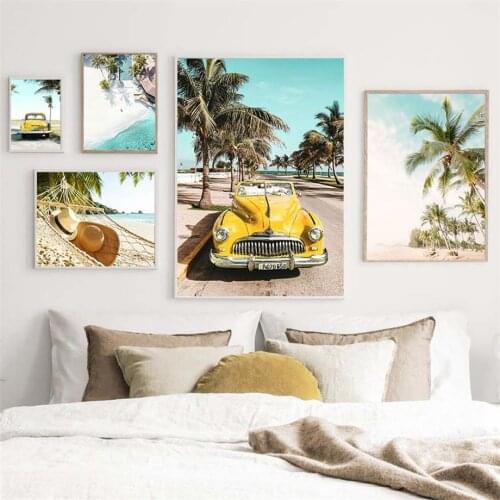 Sea Beach Coconut Tree Car Sun Surfboard Wall Art Canvas Painting Nordic Posters And Prints Wall Pictures For Living Room Decor