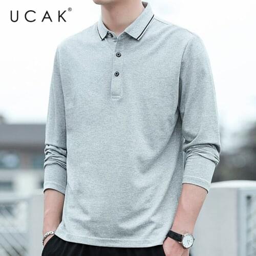 UCAK Brand Silk T-Shirt Men Clothes High Quality Spring Autumn Tops Classic Turn-down Collar Long Sleeves Tee Shirt Homme U5336