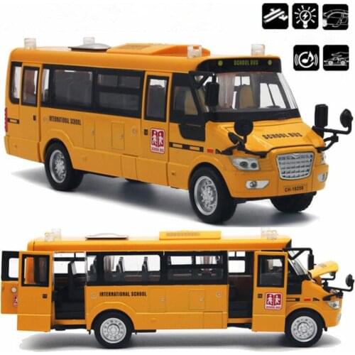Music Sound And LED Light Metal Alloy School Bus Model Open Doors Pull Back Car Toys Kids Christmas With Free Gift Road Sign