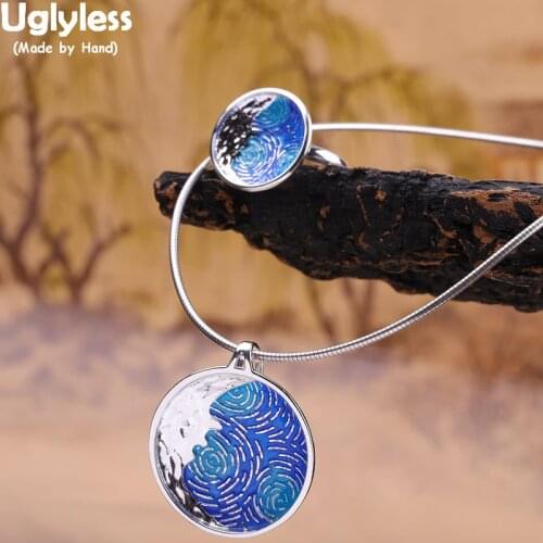 Uglyless Ethnic Enamel Blue Oil Painting Jewelry Sets for Women Real Silver Handmade Mermaid Pendants + Earrings 925 Silver S12