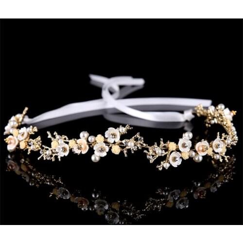New Vintage Gold Flower Crystal Pearl Headband Wedding Headpieces Hair Jewelry Handmade Women tiara Bride Hair Accessories FD564