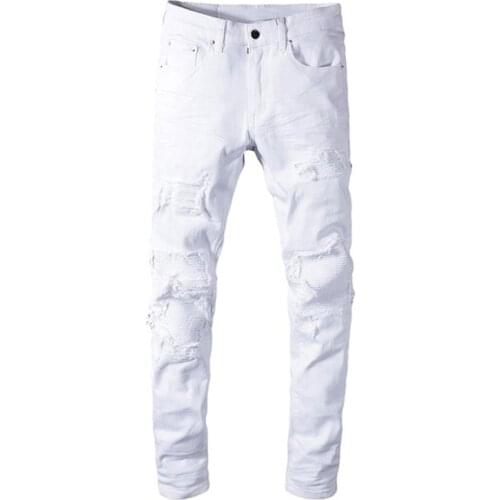 New Mens male fashion casual white stretch ripped biker jeans Slim skinny pleated patchwork denim pants trousers