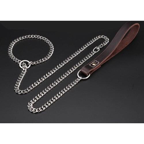 Stainless Steel Dog Chain and Rope Training Choke Collars for Large Dogs Heavy Duty Pet Leash with Genuine Leather Handle