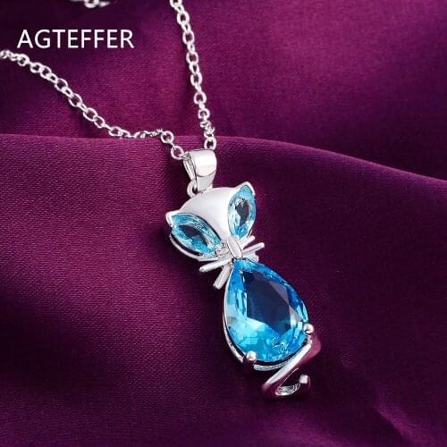 AGTEFFER 925 Sterling Silver 18 Inch Blue Crystal Fox Pendant Necklace For Women Fashion Wedding Party Charm Jewelry