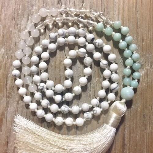 Natural Amazonite Clear Q-uartz Howlite Knotted Necklaces 108 Beads Tassel Necklace Stone Healing Meditation Mala Boho Necklace