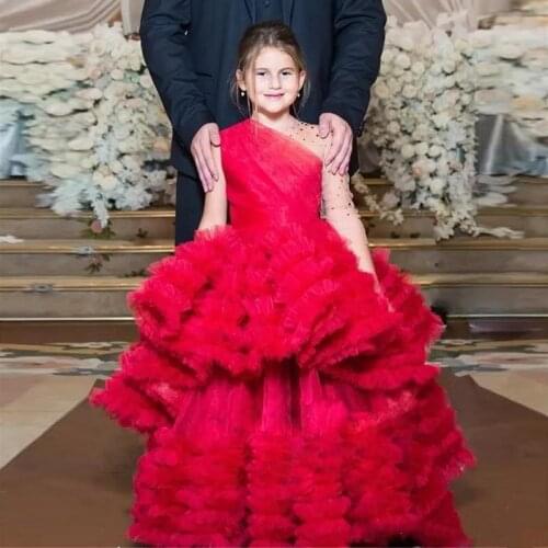 Custom Flower Girl Dress Red Puffy Cloud Tulle Princess Birthday Party Dress Kids Christmas Dress Pageant Gown Photography Props