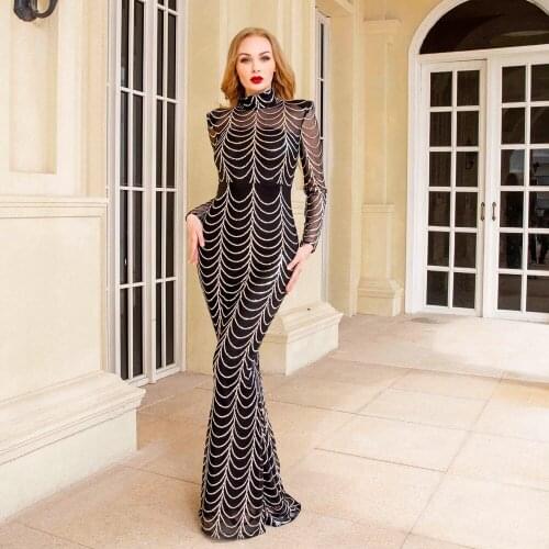 Long Sleeve Stretch Sequin Maxi Dress Full Length Lining O Neck Evening Party Dress Bodycon Floor Length Long Elegant Dress
