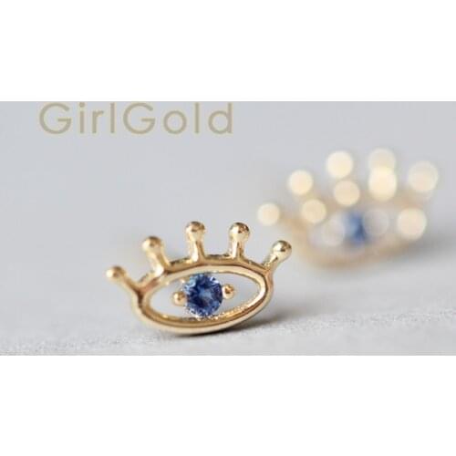 9K solid gold Blue Eye Crystal stud earring Mini dainty women minimal simple style gift bridesmaid