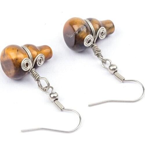 Popular Silver Plated Gourd Shape Natural Tiger Eye Stone Dangle Earrings for Women Plant Jewelry