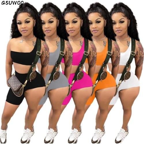 Fitness Yoga Sportwear Two Piece Set Women Casual Solid One Shoulder Crop Tops Irregular Biker Shorts Outfit Avtive Tracksuit