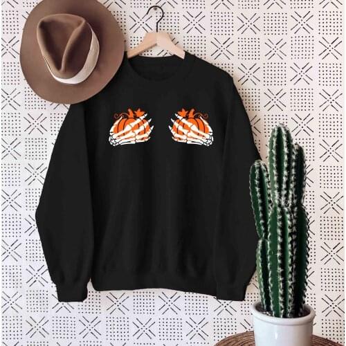 Pumpkin Boobies Skeleton Hands Sweatshirt Funny Halloween thanksgiving pure cotton graphic funny pulllovers youngs party tops