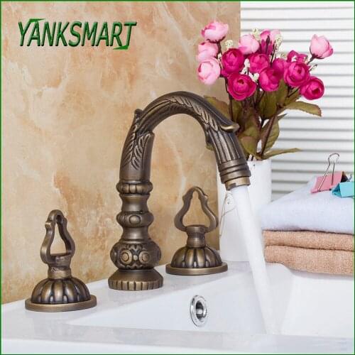 YANKSMART Antique Brass Bathroom Bathtub Faucet Basin Sink Deck Mounted Faucet 3 Hole Double Handle Hot And Cold Mixer Water Tap