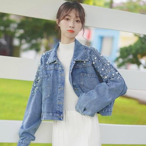 Pearls Beading 2021 Srping Autumn Women Fashion Long Sleeve Turn-down Collar Slim Denim Jeans Jacket Coat Casual Overcoat Outfit