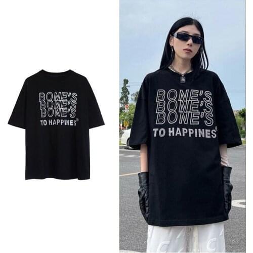 Sweet Punk T-shirt Women Rhinestone Gothic Tees hip-hop Letter Print Loose Korean ins Casual Vintage tops Harajuku T shirts