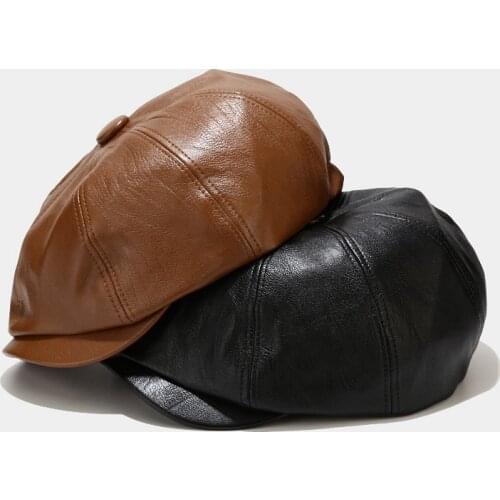Retro PU Leather Octagonal Hats Women Fashion Street Newsboy Cap Ladies Casual Solid Painter Cap Female Bonnet casquette femme