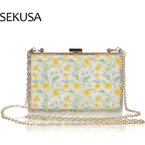 Printed Flower Women Handbags Party Wedding Day Clutch Metal Chain Shoulder Floral Party Female New Purse Bags