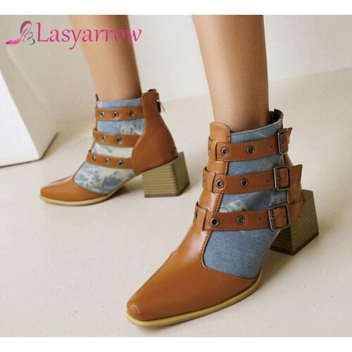 Lasyarrow Fashion Belt Buckle Women Boots Chunky Heel Ankle Boots Mixed Colors Square Toe Spring Autumn Women Boots Shoes