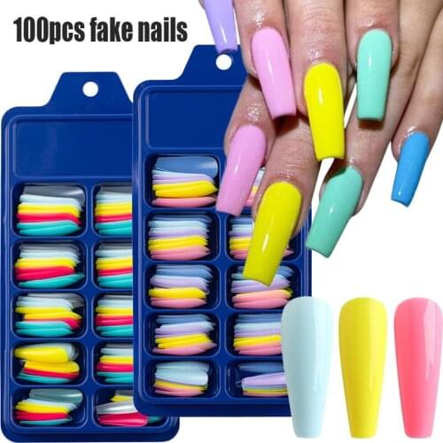 1box Colorful Acrylic False Long Coffin Nails Fake Nails Flat Shape Art Tips Natural Full Cover Fake Nail Tips Manicure Tools