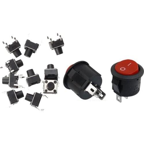 10Pcs 4 Pins Tactile Round Push Button Switch Momentary Tact & 10Pcs SPDT Black Red Button On/On Round Rocker Switch AC 6A/125V