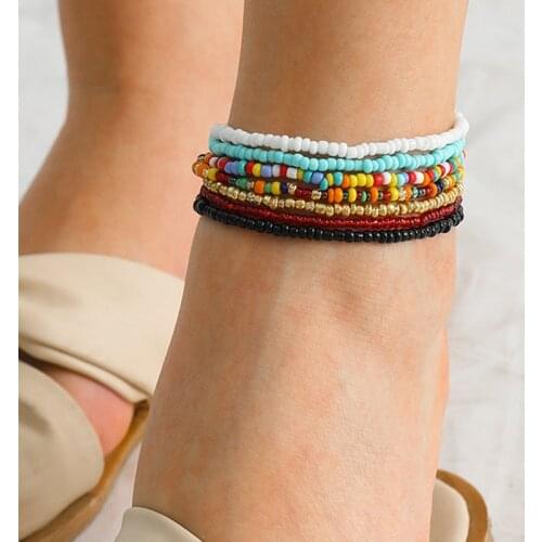 7Pcs/Set Rainbow Beaded Anklet Set for Women Bohemia Colorful Anklets Femme Summer Barefoot Sandals on Foot Jewelry M3151