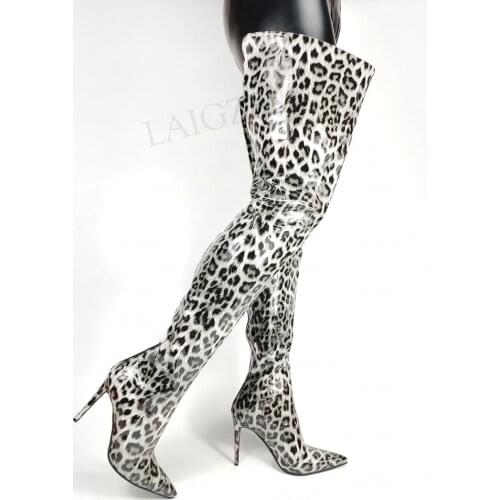 DOBANER Women Over Knee Boots Pointed Toe Back Zip Thigh High Boots Shiny Ladies Stiletto Heels Shoes Woman Plus Size 43 45 47