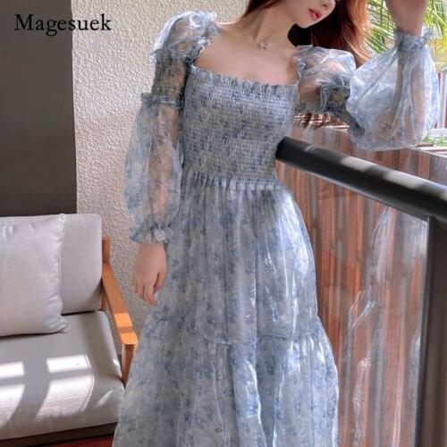 Elegant Lace Summer Printed Dress Women Square Collar Boho Beach Party Floral Dresses Puff Sleeve Female Korean Midi Dress 14514