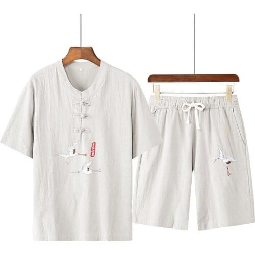 Summer Men Chinese Style Cotton Linen Short Sleeved T-Shirt Casual Suit Male Breathable Wild Tang Suit Male Linen Two-Piece Suit