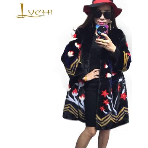 LVCHI Winter 2019 Import Real Mink Fur Coats Natural Print Flower Mink Fur Coat Womens V-Neck Medium Loss Slim Causal Fur Coats